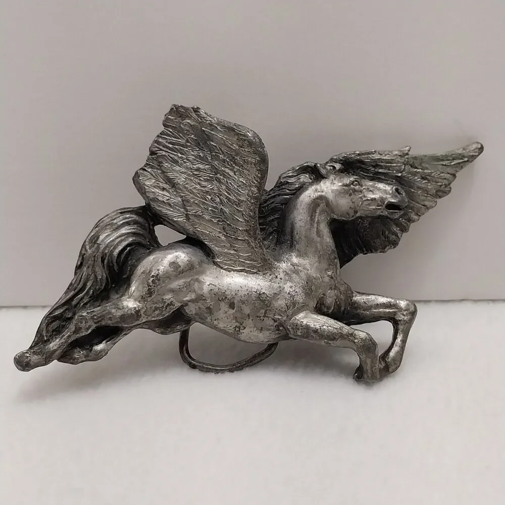 Vintage 1981 Bergamot Pegasus Horse Silver Toned Belt Buckle (Broken Wing) #E53
